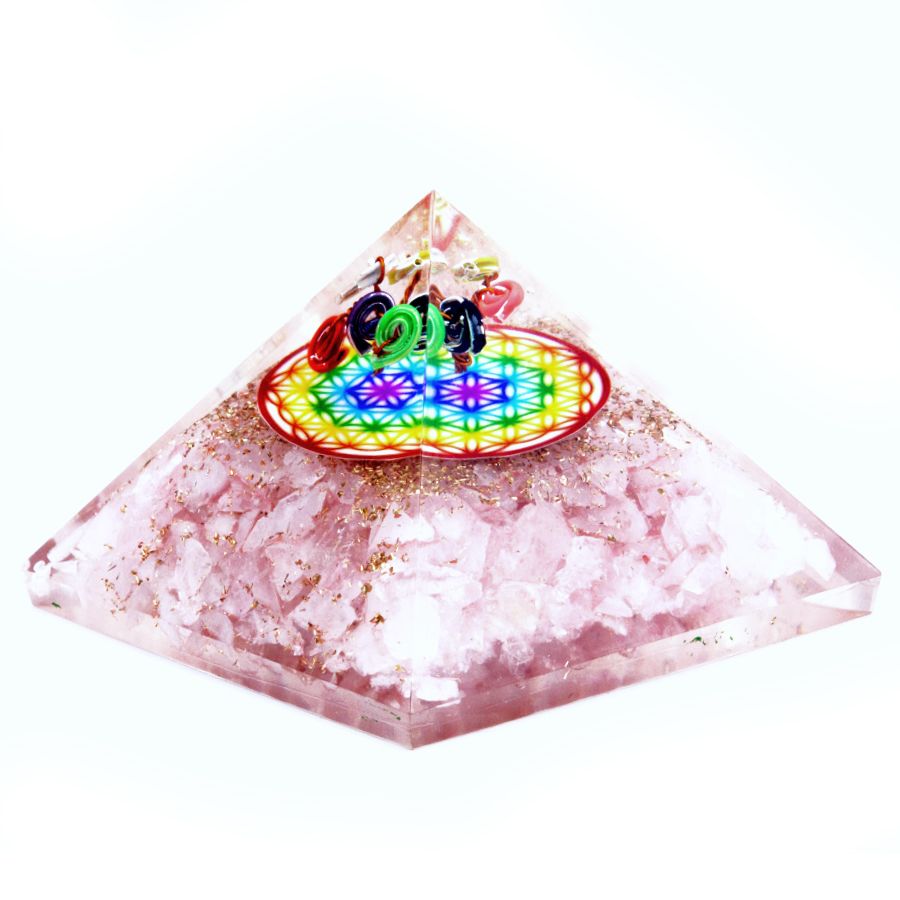 Piramide Orgonite Quarzo Rosa Fiore Vita 70 mm