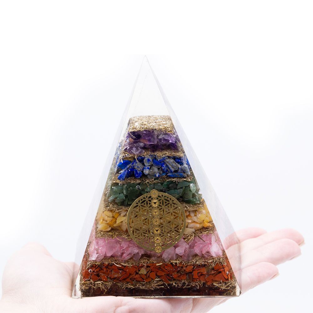 Orgonite Piramide - Sette Chakra Fiore della Vita - 70 mm