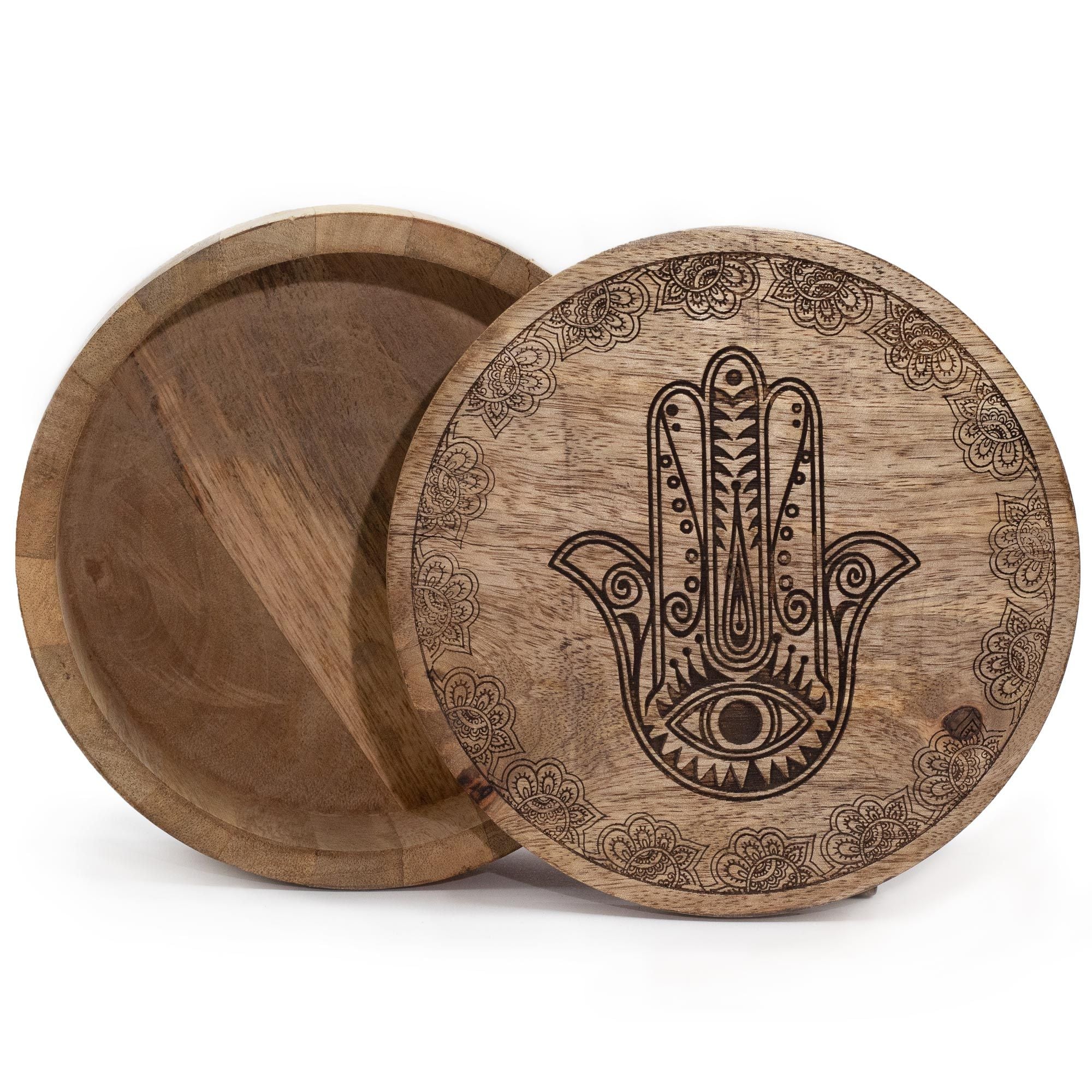 Scatola Rotonda 17,5x7,5cm con Mano Hamsa Incisa