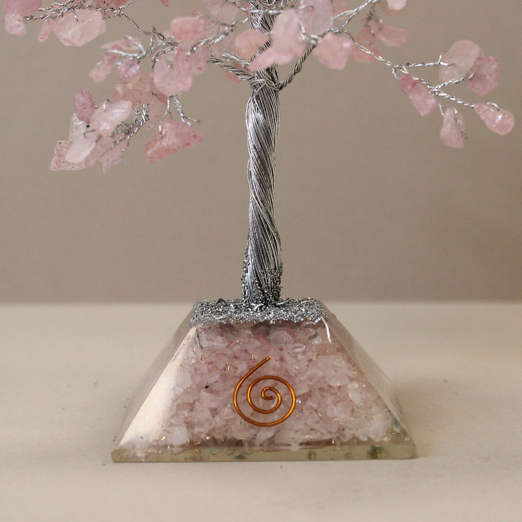 Albero di Gemme con Base in Orgonite, 320 Pietre Quarzo Rosa