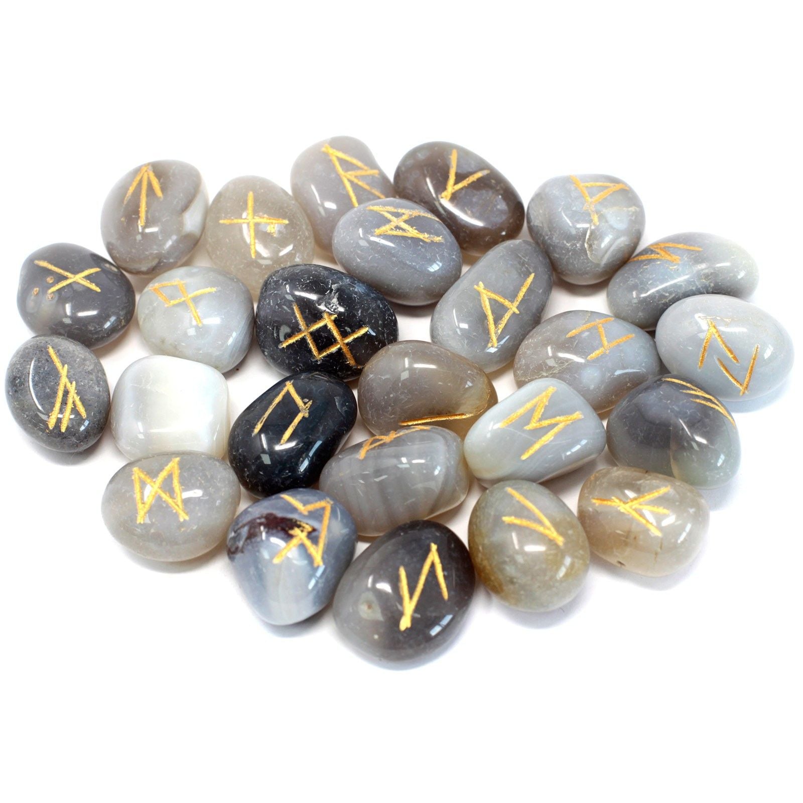 Set di Rune in Agata Grigia con Sacchetto