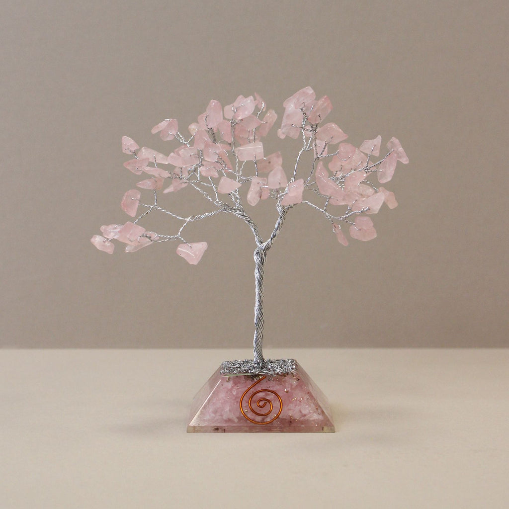 Albero con Base Orgonite e 80 Gemme Quarzo Rosa