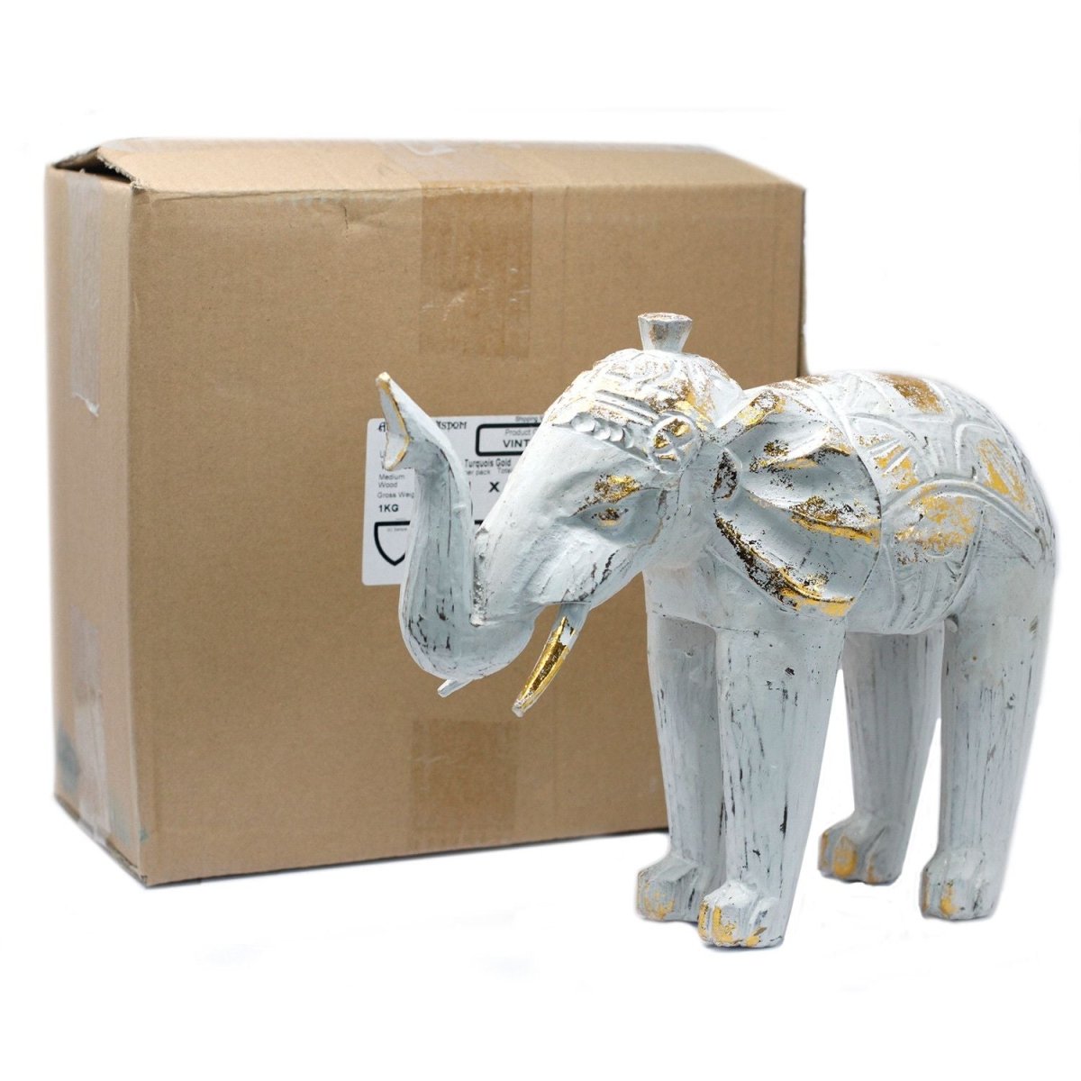 Elefante Intagliato in Legno - Bianco e Dorato - Aureth