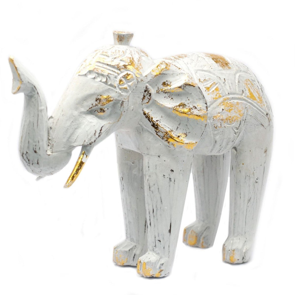 Elefante Intagliato in Legno - Bianco e Dorato - Aureth