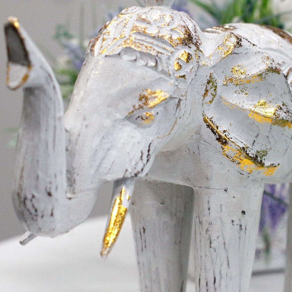 Elefante Intagliato in Legno - Bianco e Dorato - Aureth