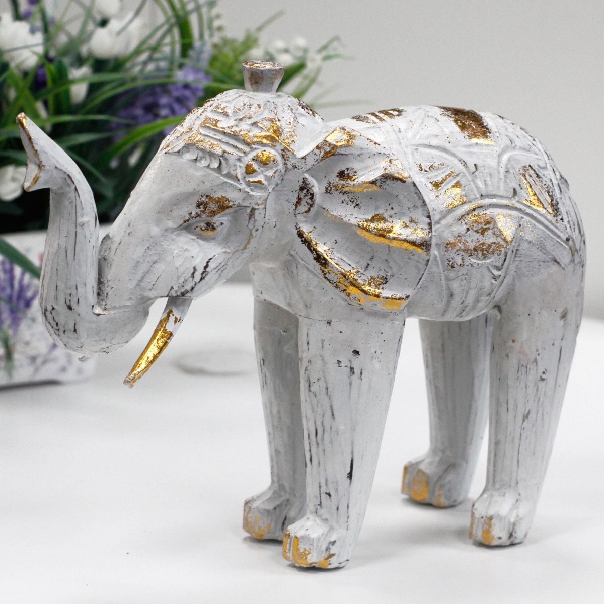 Elefante Intagliato in Legno - Bianco e Dorato - Aureth