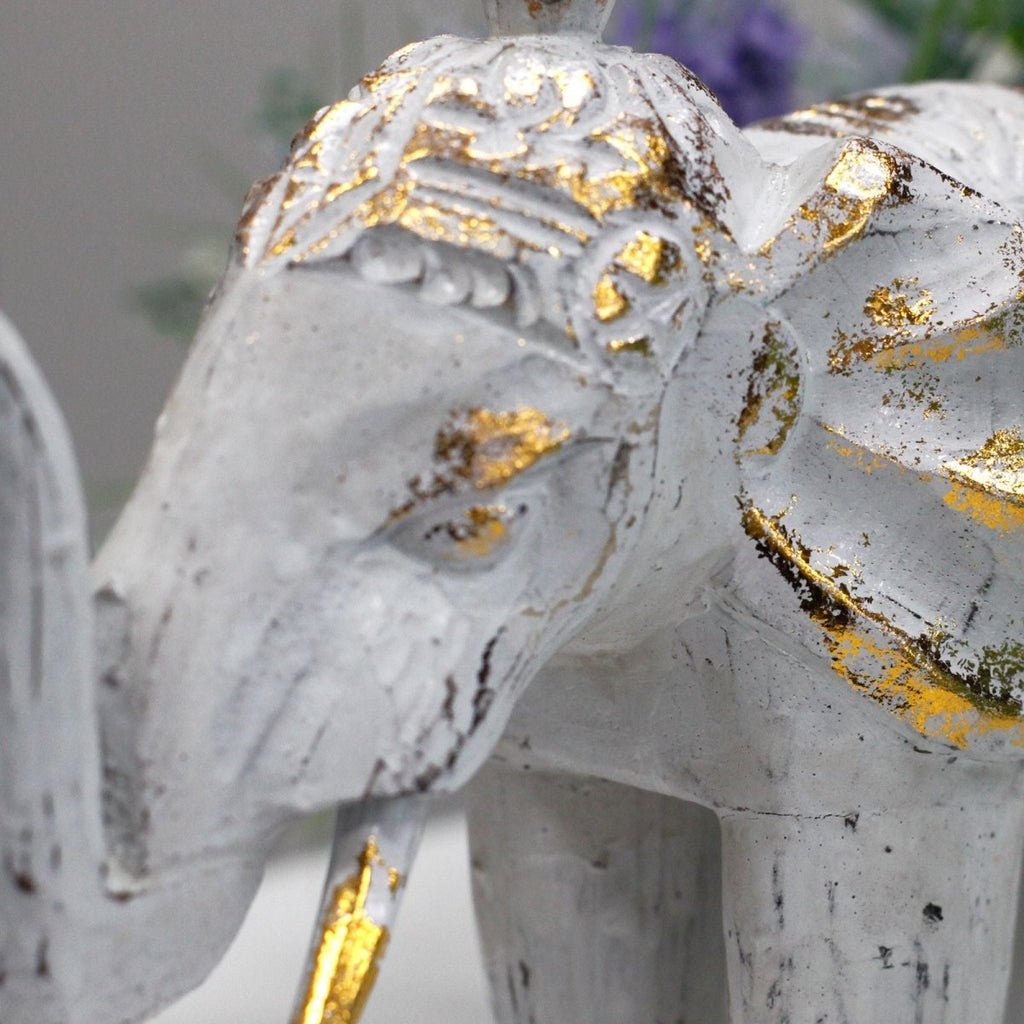 Elefante Intagliato in Legno - Bianco e Dorato - Aureth
