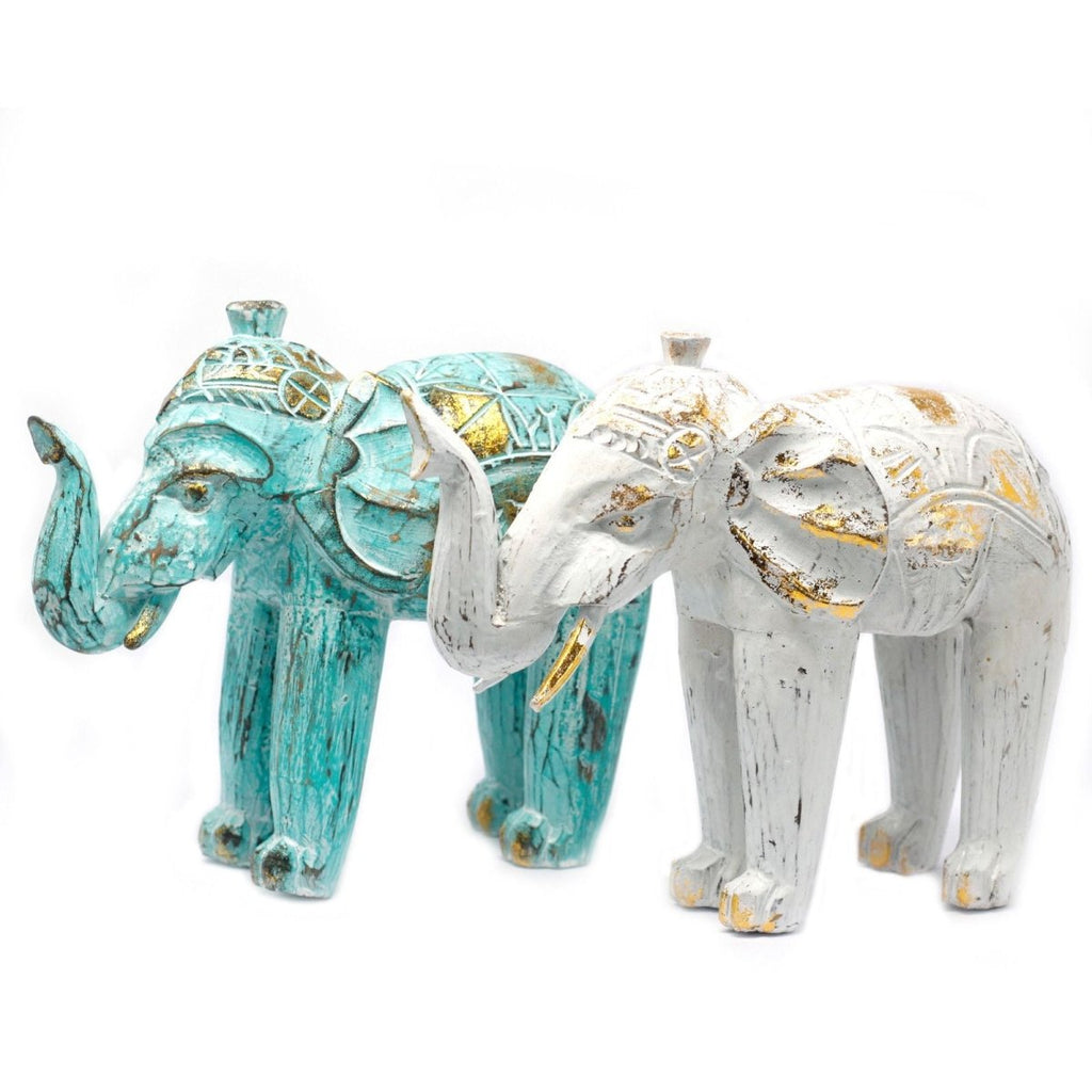 Elefante Intagliato in Legno Turchese e Dorato - Aureth