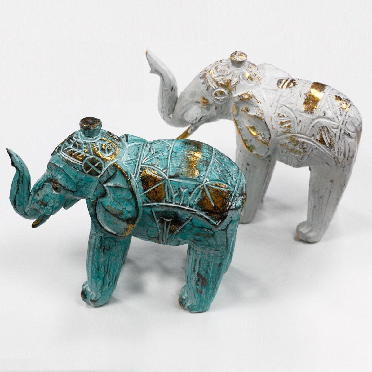 Elefante Intagliato in Legno Turchese e Dorato - Aureth