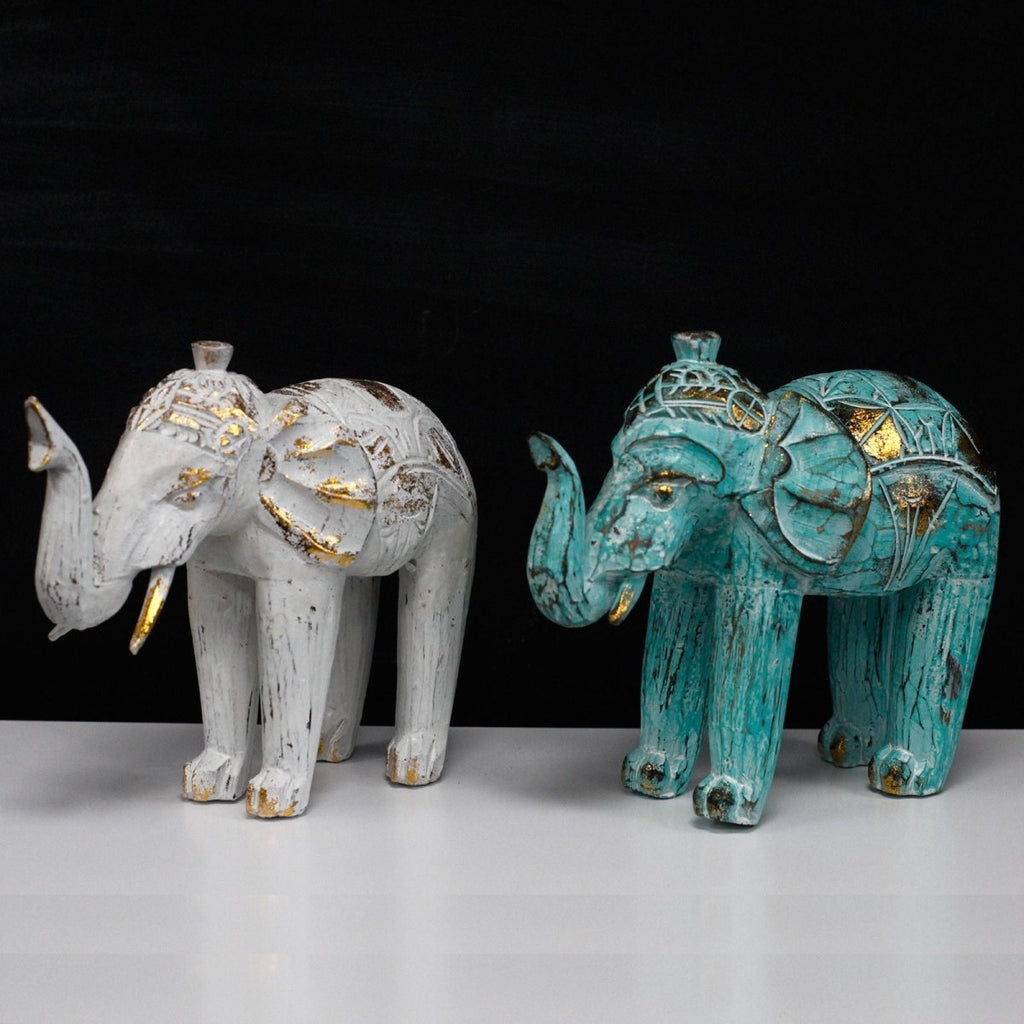 Elefante Intagliato in Legno Turchese e Dorato - Aureth