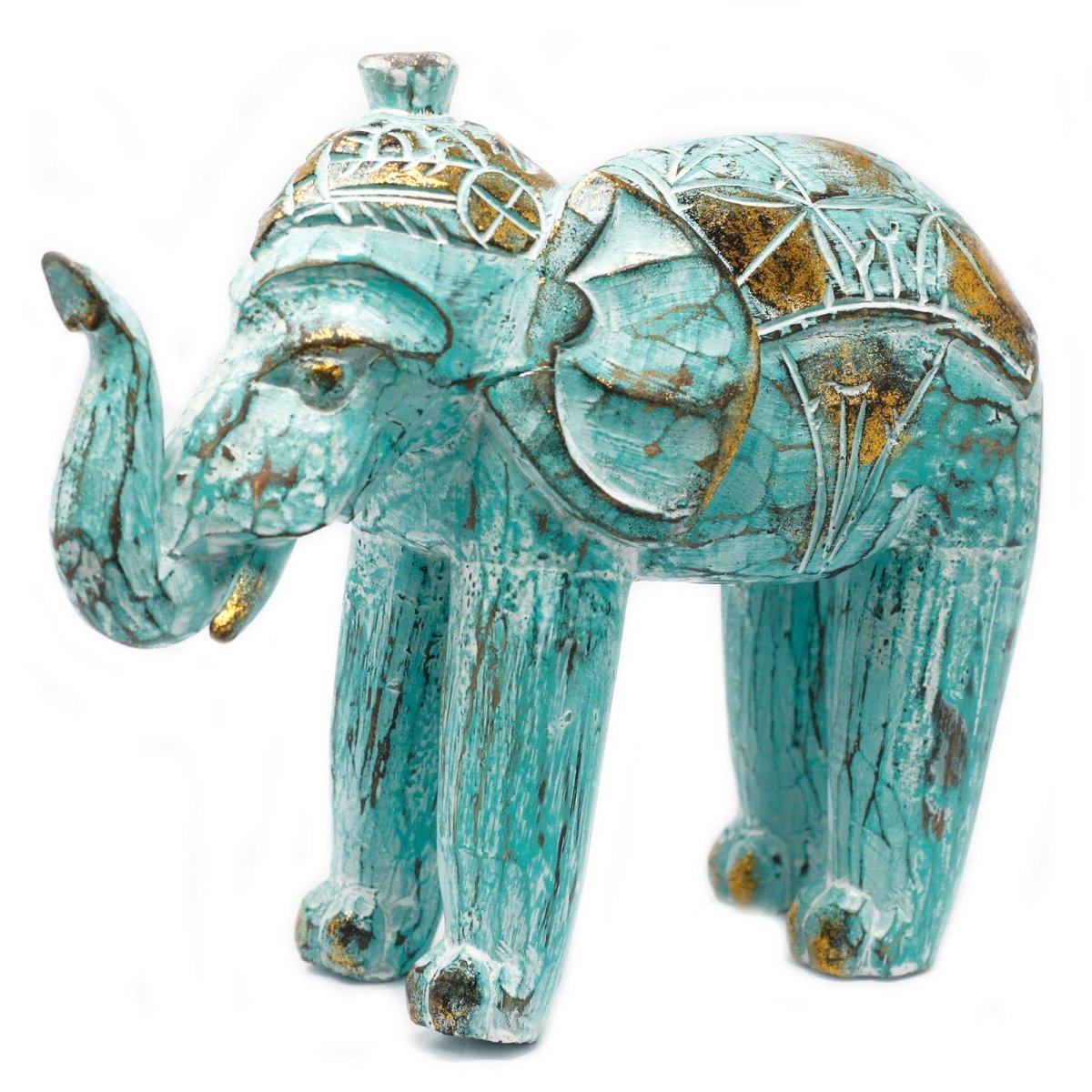Elefante Intagliato in Legno Turchese e Dorato - Aureth