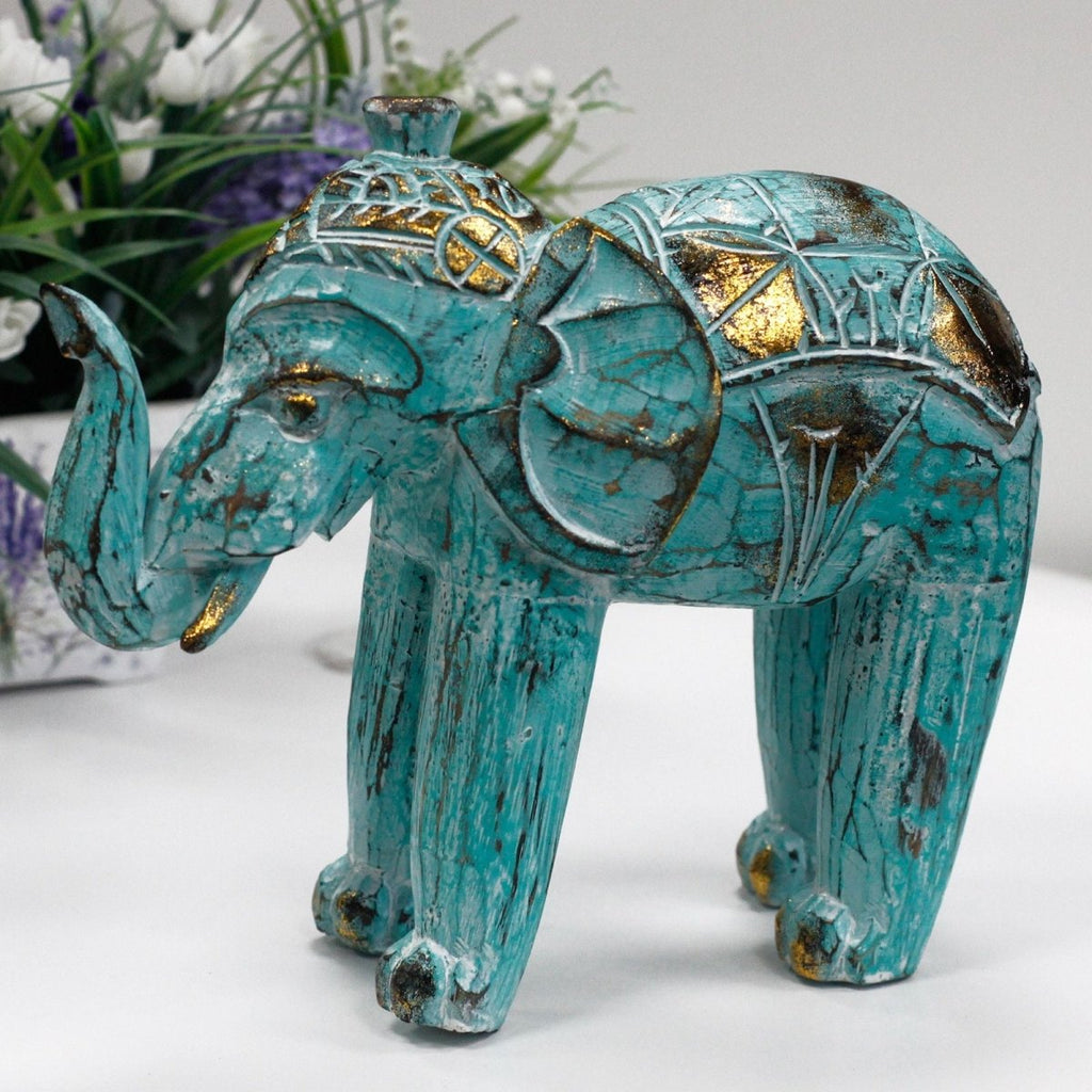 Elefante Intagliato in Legno Turchese e Dorato - Aureth