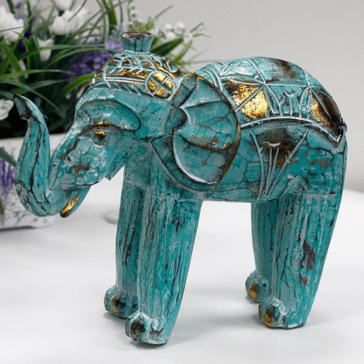 Elefante Intagliato in Legno Turchese e Dorato - Aureth