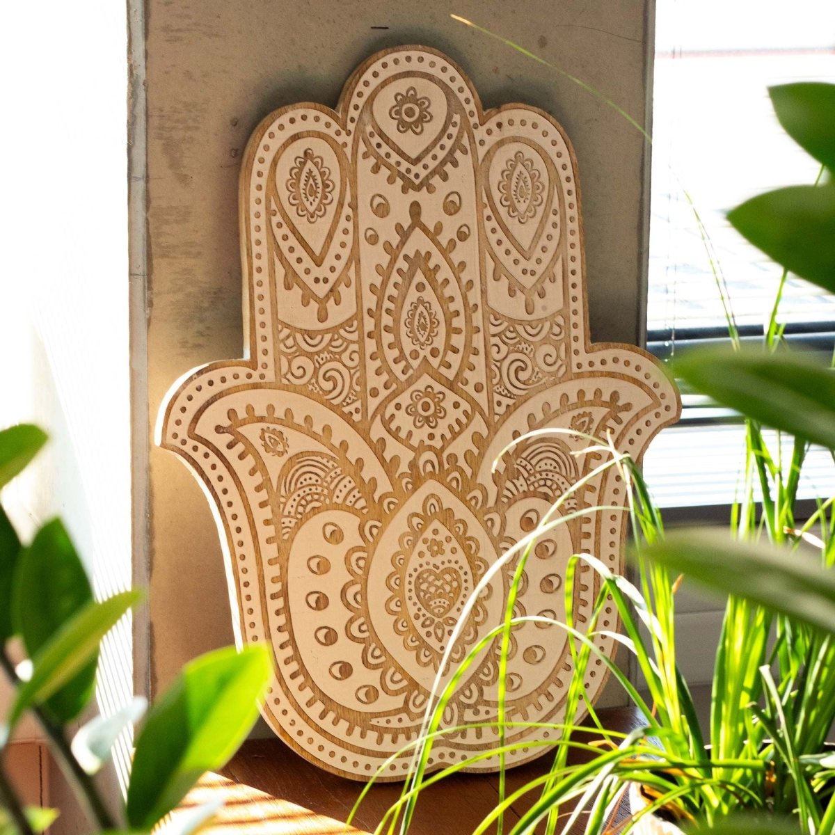 Targa da Parete Hamsa in Legno di Mango - Bianco - Aureth